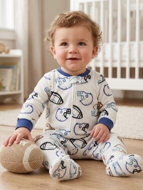 Carter's 18M Football Fleece Footed Pajamas Blue Brown 2-Way Zipper Sleeper
